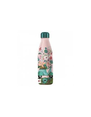 Botella isotermica enesco rosa estampado flores y moto