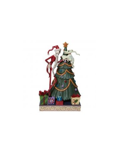 Figura enesco pesadilla antes de navidad santa jack y zero junto a arbol de navidad